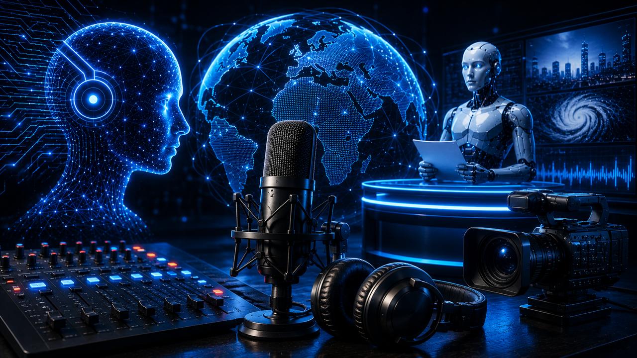 An AI generated image of a radio station with a morderator.