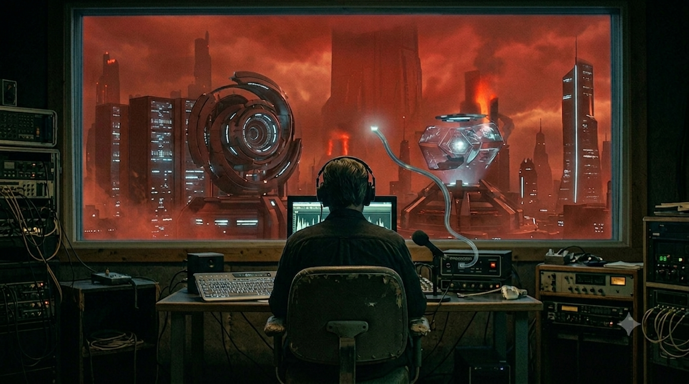 An AI generated image of a man sitting in front of a laptop with an audio editing software opened. He is situated in a studio, with a window showing the outside world to be dystopian.