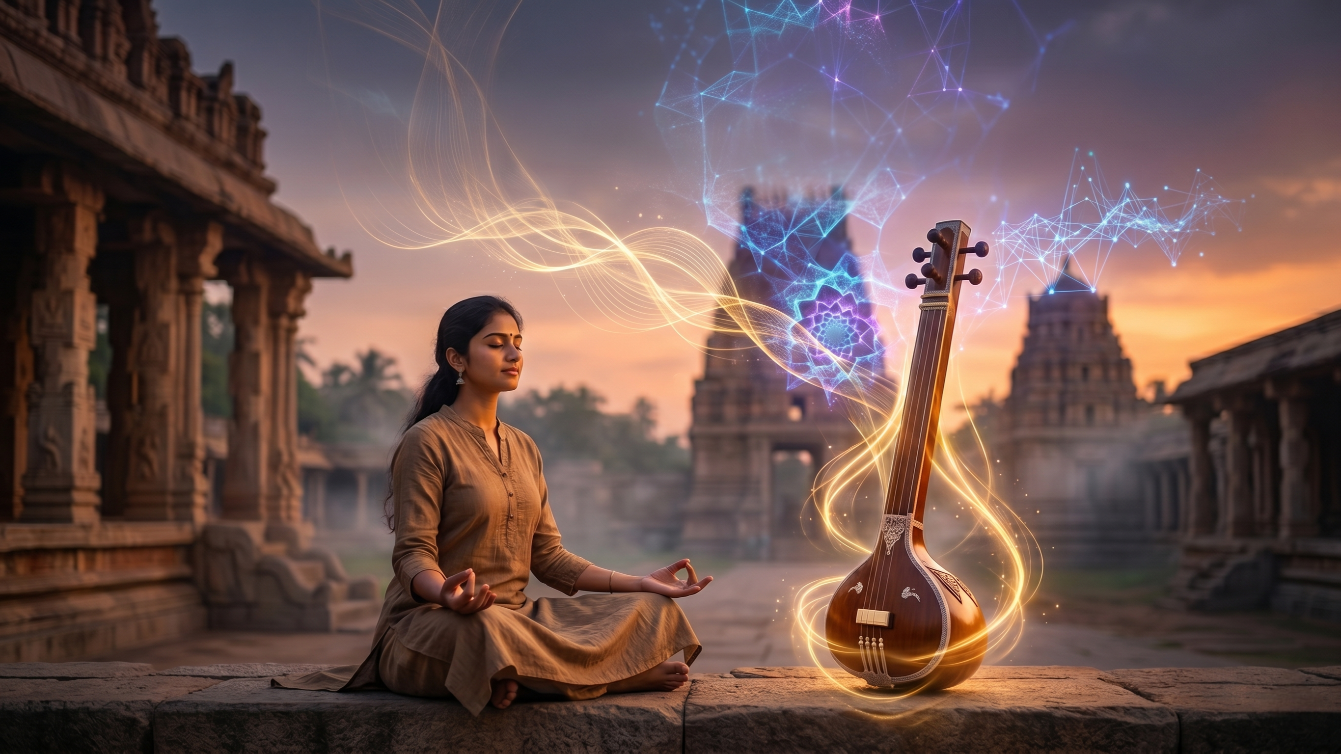 An AI generated image of a woman sitting on temple grounds with a sitar accross from her that has ethereal energy emanating from it.
