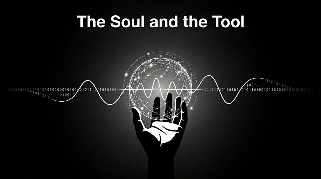 An AI generated image of a hand reaching up to sound waves, above which it reads "The Soul and the Tool"